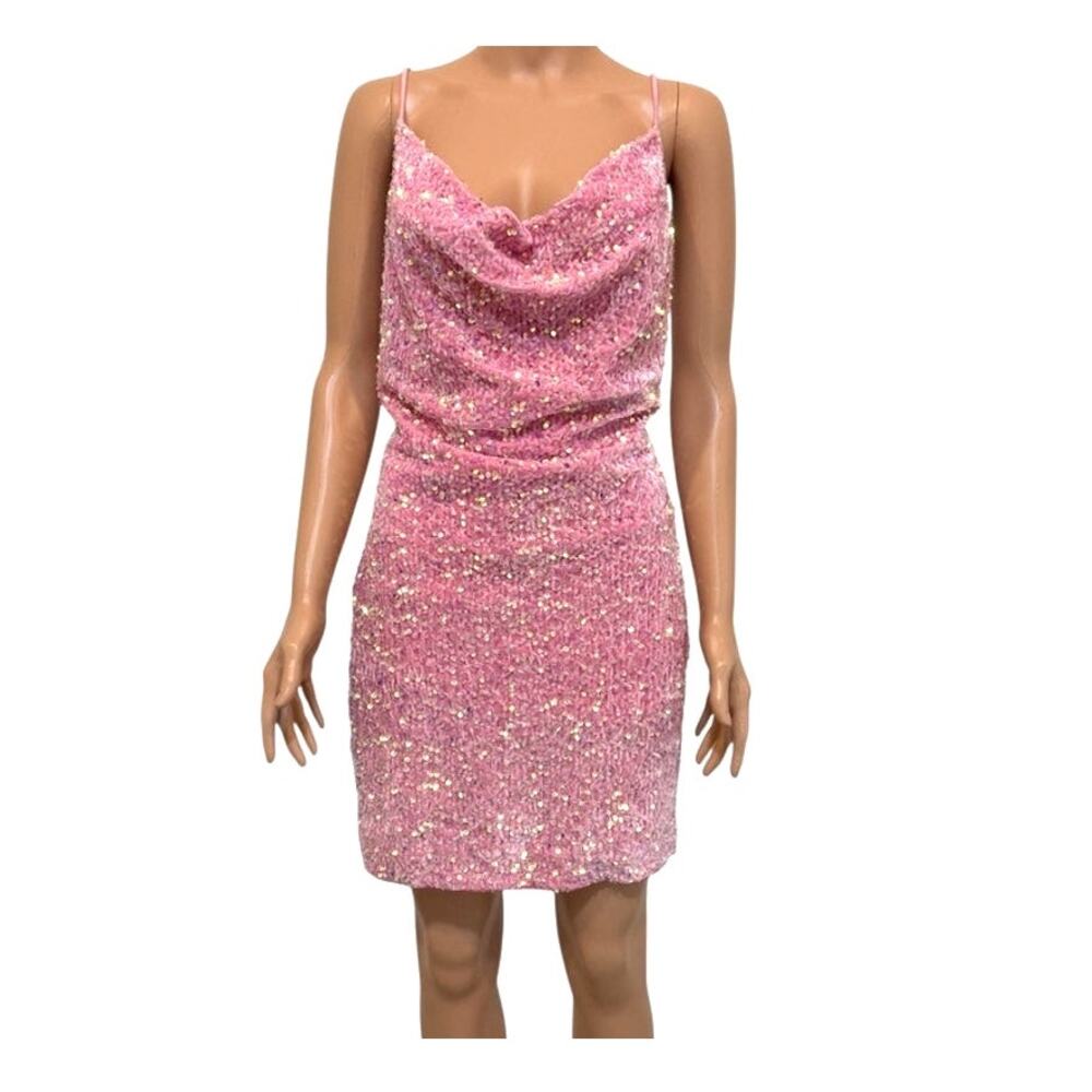 Shop17 XL sequin cowl neck stretch open low back mini dress D4 3048